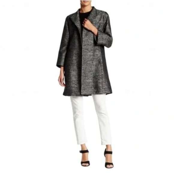 Eileen Fisher Black Metallic Jacquard Silk Coat Jacket Size XS - Picture 1 of 8